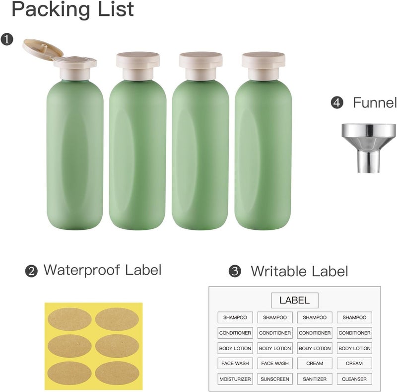 owlyee 6.7oz Travel Shampoo Bottle, Empty Plastic Squeeze Bottles with Flip Cap, 4PCS Lotion Container for Toiletries (200ml, Green) - Image 5